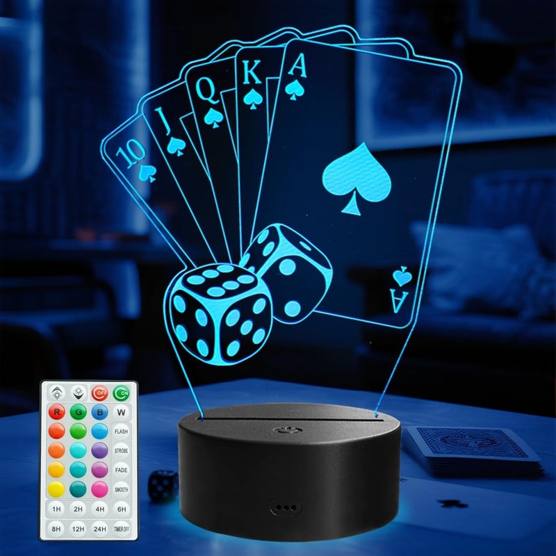 Posshe Poker Night Light, 3D Illusion Lamp with 16 Colors Changing, Timer, 4 Flash Modes and Dimmable, Poker Cards Decor Playing Cards Dice for Casino Decorations, Man Cave Lights Poker Accessories - Image 1